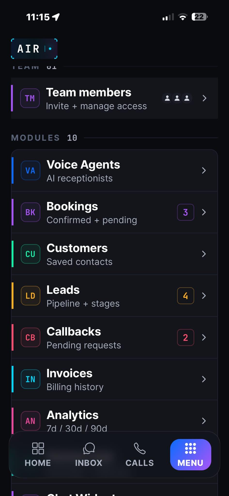 AI Receptionist app — Voice Calls